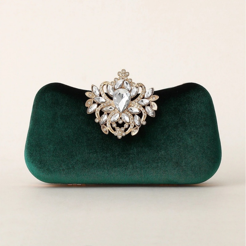 Women Bags Green - Donkergroene fluwelen clutch tas luxe strass