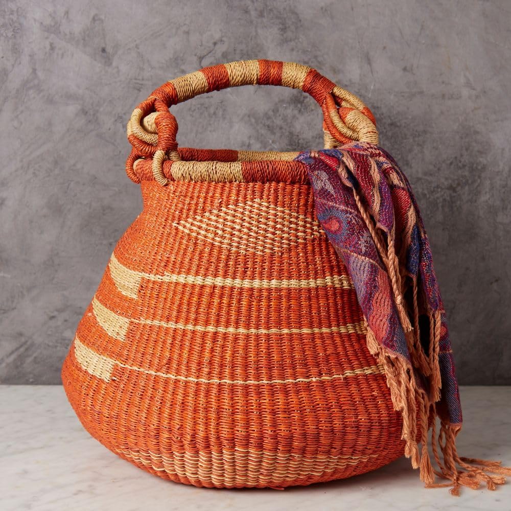 Woven Straw Bag - 16 inch geweven opbergmand oranje ronde