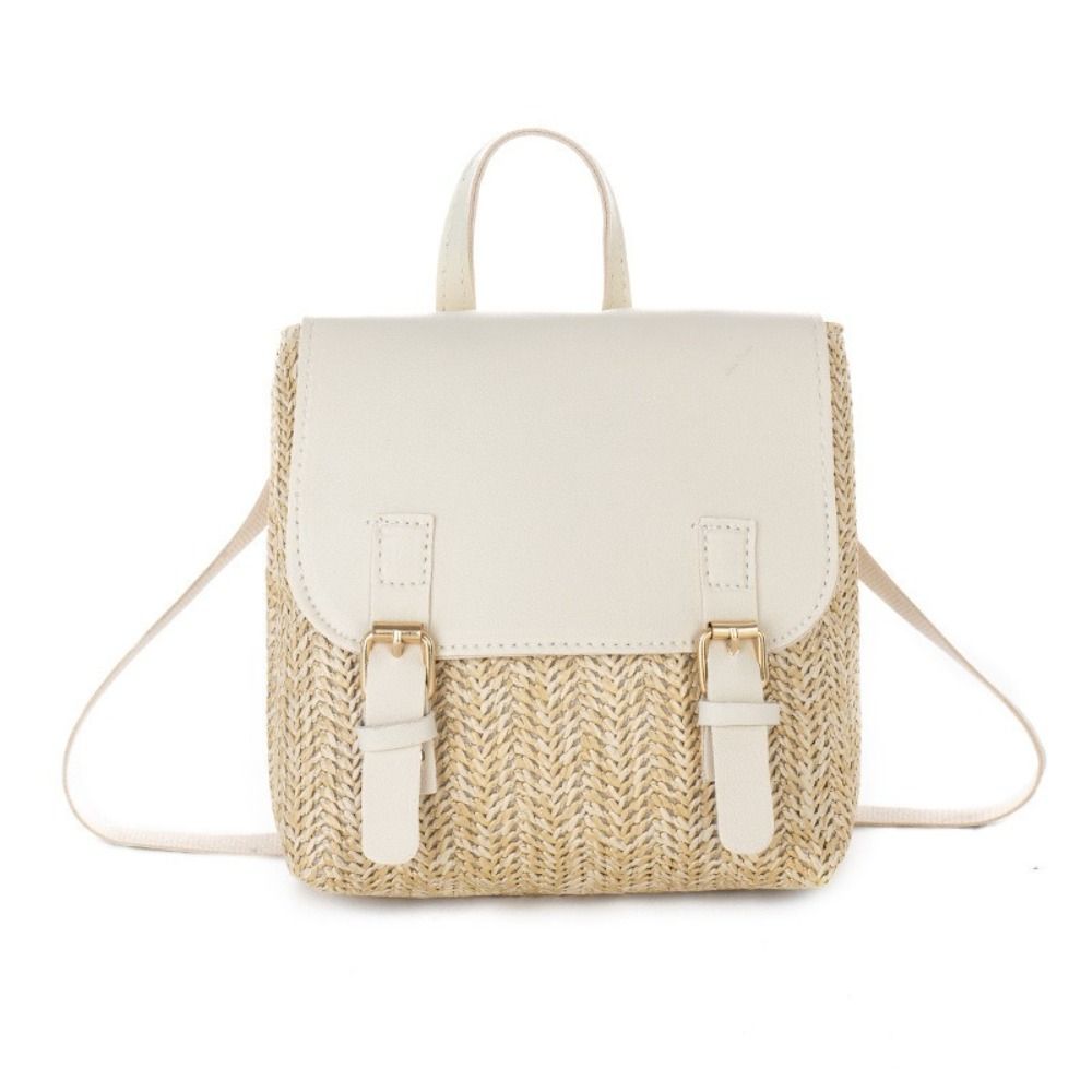 Woven Straw Bag - Veelzijdige tas PU-leer Stro-rugzak Retro design