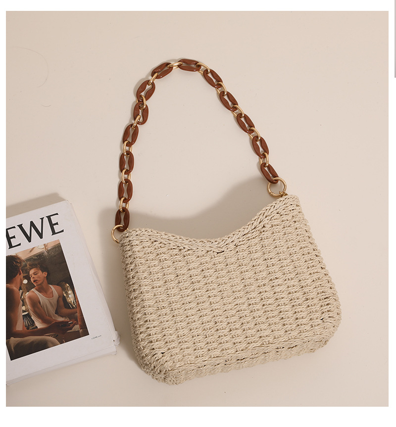Woven Straw Bag - Strooien geweven tas voor dames: effenkleurige