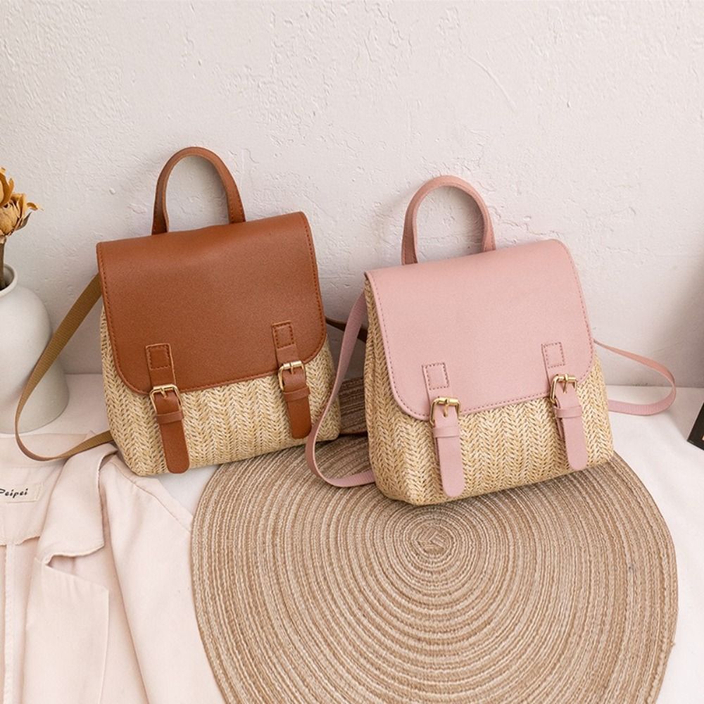 Woven Straw Bag - Mode PU lederen rugzak van stro